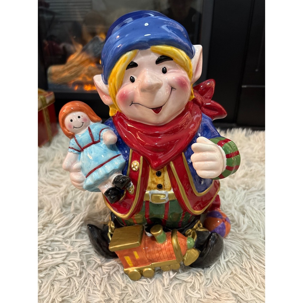 Signature Home‎ Collection Ceramic Elf Holding Doll and Train Figurine 11 Inch